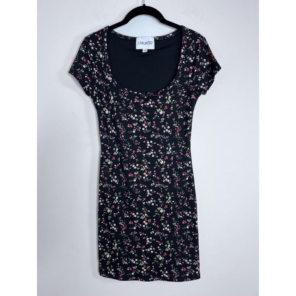 Black Floral Ribbed Bodyon Mini Dress Small Wimsigoth 90s Grunge Fairy Cottage